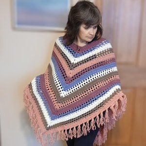 Crochet Poncho with fringe, Women&#39;s Poncho, crochet shawl, pullover poncho, soft light weight poncho with multi-color stripes, unisex