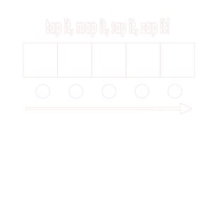 Może przedstawiać: Czarno-białe zdjęcie pustego szablonu do gry lub aktywności. Tekst "tap it, map it, say it, zap it!" znajduje się u góry obrazu. Pod tekstem znajduje się pięć pustych kwadratów i pięć kółek. Pod kółkami znajduje się linia z strzałką na końcu.