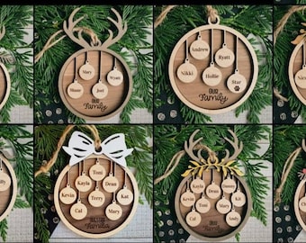 Antlers Holly Bows Family Christmas ornament 1-10 Names keepsake personalized
