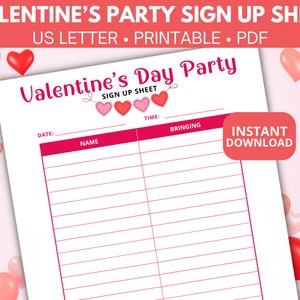 Sign up sheet template for Valentine&#39;s Day Party, Potluck sign up sheet, Printable kids party sign up, Editable class food sign up, PTO PTA