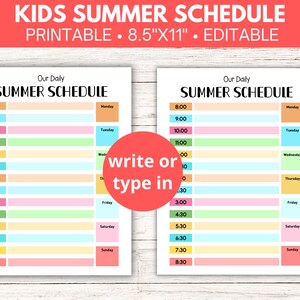Kids Summer Schedule Template, Editable Kids Routine Chart, Fillable ...