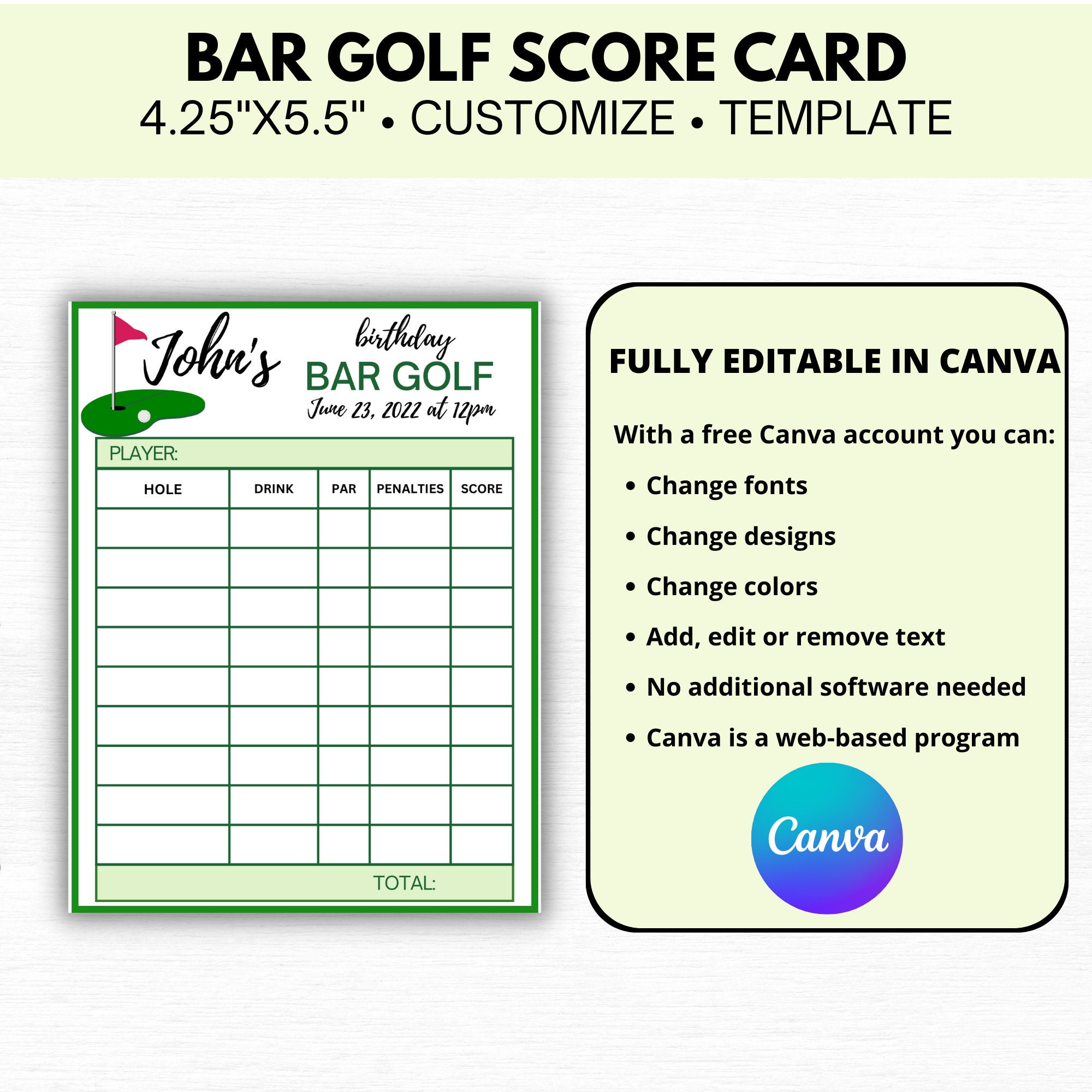 Bar Golf Scorecard Editable in Canva, Bar Golf Template, Golf Themed Bar Golf Scorecard Editable in Canva, Bar Golf Template, Golf Themed