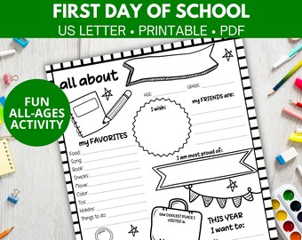 May include: Black and white printable worksheet for kids to fill out on the first day of school. It asks questions like "What is your favorite food?" and "What are you most proud of?"