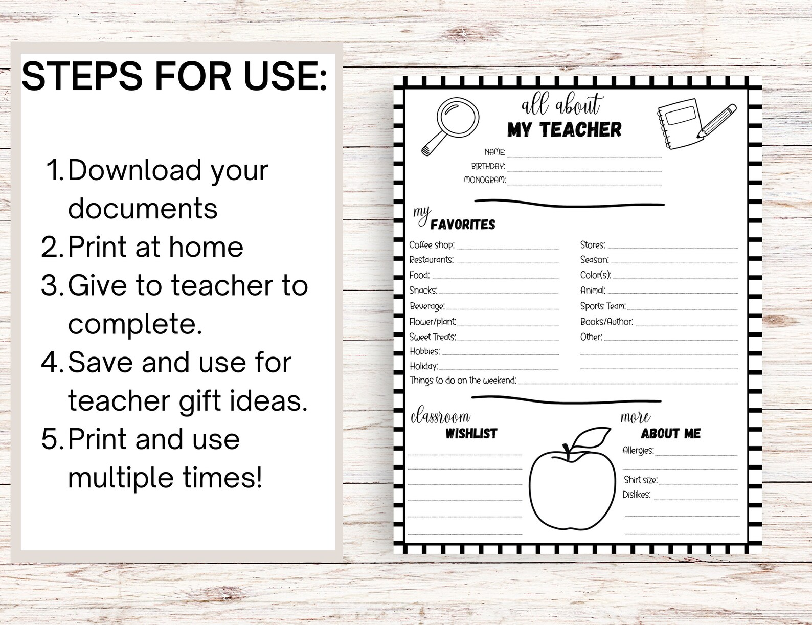 Teacher Favorite Things List, Printable All About the Teacher ...