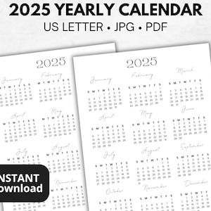 2025 Full Year Calendar, Single Page PDF Calendar, Printable Yearly Calendar, Letter Size Year at a Glance, Simple Digital Annual Planner