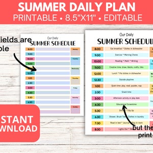 Pu&ograve; includere: Pianificatore di programma giornaliero estivo stampabile in 8,5 x 11 pollici. Il programma &egrave; codificato a colori con diverse attivit&agrave; per ogni giorno della settimana. I campi blu sono modificabili.