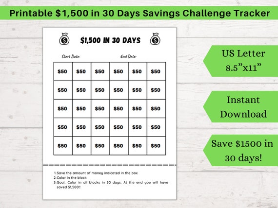 30 Day Money Savings Challenge Printable Save 1500 in 30 Days - Etsy