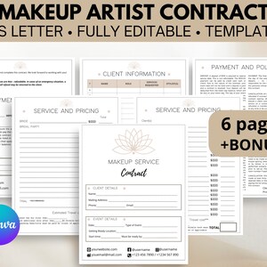 Peut inclure: Un modèle de contrat de maquilleuse en six pages au format lettre US. Le modèle comprend des sections pour les informations du client, les services et les prix, les paiements et les politiques, et les détails de l'événement. Le contrat présente un design minimaliste avec un logo de fleur de lotus et un schéma de couleurs beige.