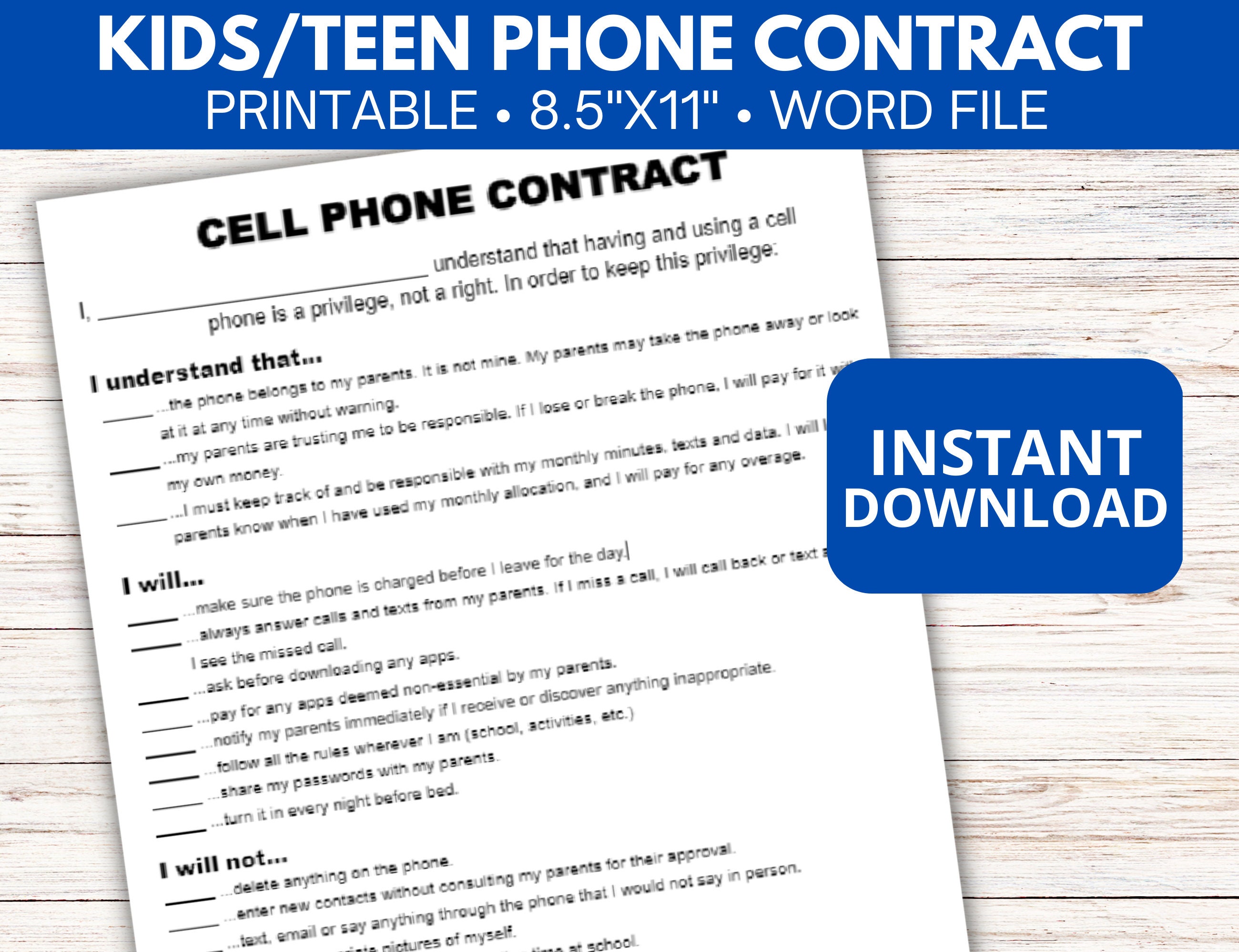 Editable Teen/kids Phone Contract, Cell Phone Contract Template, Cell Editable Teen/kids Phone Contract, Cell Phone Contract Template, Cell
