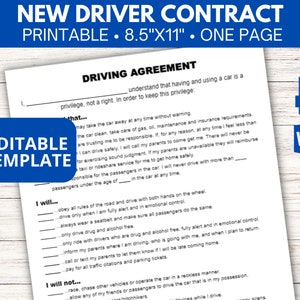 Editable teen driver contract, New driver contract template, Teen driving agreement, Parenting form, First time driver rules editable DOC