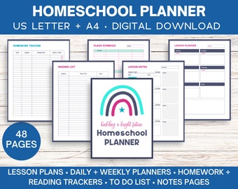 May include: A printable homeschool planner with 48 pages. The planner includes a homework tracker, reading list, class schedule, lesson notes, and lesson planner. The cover features a rainbow with a star and the text "building a bright future Homeschool Planner".