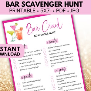 Bar Scavenger Hunt printable, Bachelorette party bar crawl bingo, Adult scavenger hunt, Drinking game, Ladies night out, Birthday bar crawl