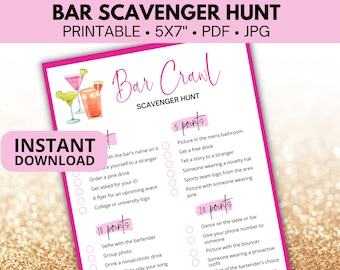 Bar Scavenger Hunt printable, Bachelorette party bar crawl bingo, Adult scavenger hunt, Drinking game, Ladies night out, Birthday bar crawl