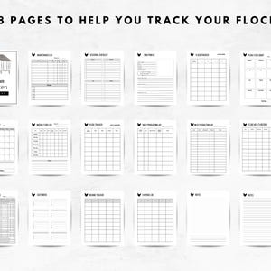 May include: A printable planner with 18 pages to help track your flock of chickens. The planner includes pages for maintenance logs, seasonal checklists, flock trackers, weekly egg sales, production lists, health records, and more. The cover features a black and white illustration of a chicken in a coop.