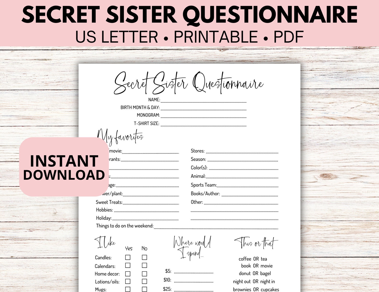 Secret Sister Questionnaire Printable, Church Secret Sister Form ...