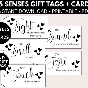 Etiquetas de regalo de los cinco sentidos con tarjetas e ideas de regalo, regalo de 1er aniversario, regalo de San Valentín para él, Descarga instantánea de etiquetas de regalo reutilizables, PDF