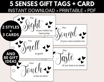 Five senses gift tags with cards and gift ideas, 1st anniversary gift, Valentine gift for him, Instant Download Reusable gift tags, PDF