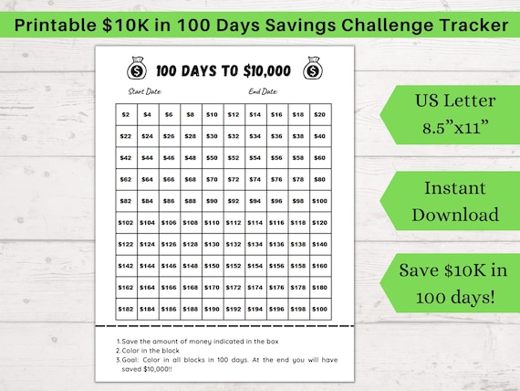 10K in 100 Days Challenge, Save Money Challenge, 10000 Saving 