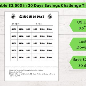 30 day money savings challenge printable, 2500 in 30 Days Savings Challenge, 2500 savings tracker, Envelope challenge, 30 days challenge