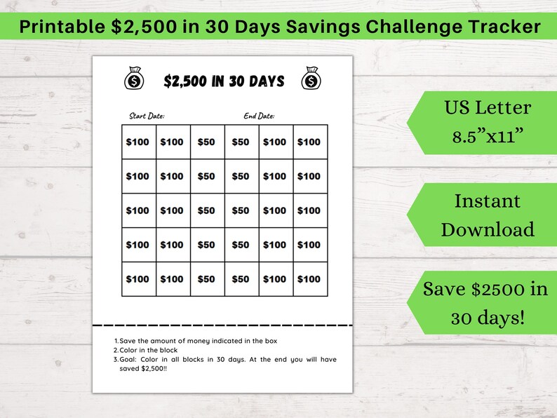 30 Day Money Savings Challenge Printable, 2500 in 30 Days Savings ...