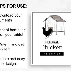 May include: A printable planner with a black and white illustration of a chicken coop and a chicken. The text "THE ULTIMATE Chicken PLANNER" is printed on the cover.