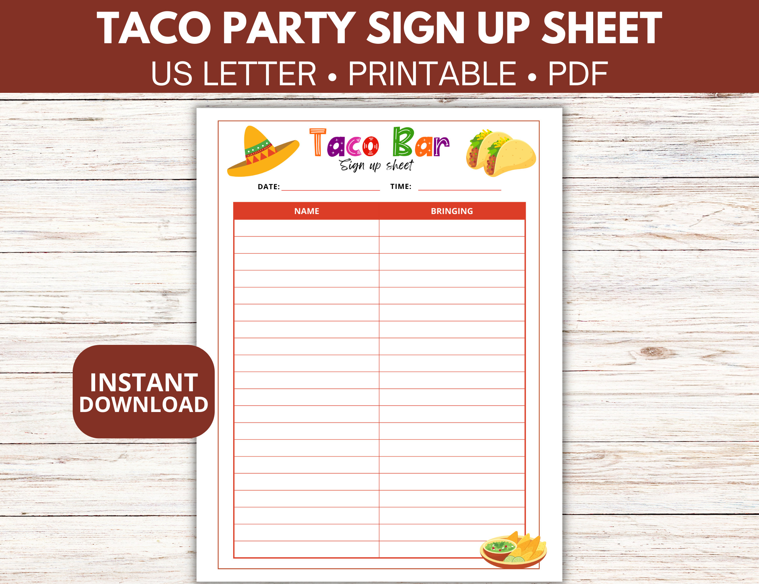 Sign up Sheet Template for Taco Bar, Printable Taco Party Sign Up ...