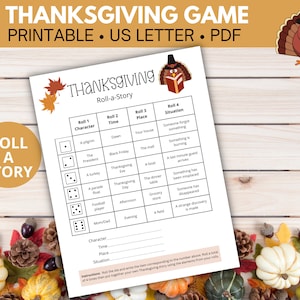 Thanksgiving roll a story dice game, Thanksgiving classroom games, Thanksgiving kids party game, Dice game, Kids Thanksgiving, Printable PDF