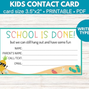 Cartão de contato infantil de verão, cartão de data de jogo editável, final de aula para impressão, cartão de visita, mantenha contato, último dia de aula, cartão de visita