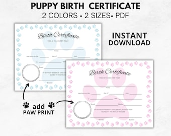 Puppy Birth Certificate Fillable Template, Printable Pet Keepsake with paw print, Dog Breeder Forms, New puppy birth record, Dog Certificate