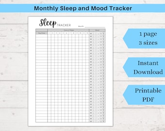 May include: A printable monthly sleep and mood tracker with a black and white design. The tracker includes a section for recording the number of hours slept each day and a section for recording mood with a variety of facial expressions.