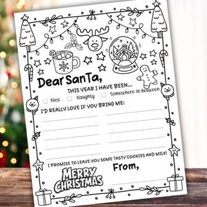 Página para colorear de lista de deseos navideños para niños, carta imprimible para Papá Noel, carta sencilla para Papá Noel, actividad de lista navideña para niños