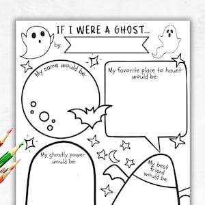 Puede incluir: Hoja de actividades de Halloween en blanco y negro con el texto "IF I WERE A GHOST...". Incluye indicaciones para completar el nombre, el lugar embrujado, el poder y el amigo de un fantasma, junto con ilustraciones de fantasmas y murciélagos.