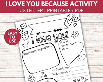 Why I love you printable activity for kids,  Valentines day gift from kids, Valentines craft, Reasons I love you, I love you because, PDF
