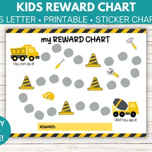 Gráfico de recompensas para niños de camiones volquete, gráfico de comportamiento de niños pequeños, gráfico de pegatinas, gráfico de recompensas de construcción, gráfico de recompensas para niños, PDF imprimible