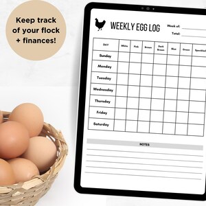 May include: A printable weekly egg log to track the number of eggs collected from your flock, organized by day and color. The log includes a section for notes.