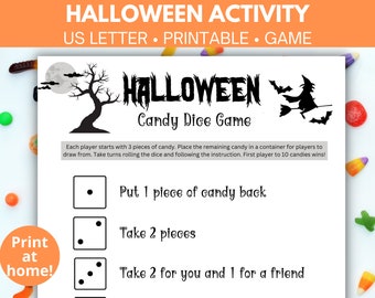 Candy dice game, Kids Halloween dice game, Printable dice game, Halloween party game, Halloween Printables, Halloween game, Printable PDF
