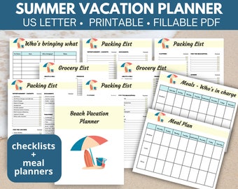 Beach vacation packing checklist bundle, Family summer vacation planner, Vacation meal plan, Lake trip shopping list, Travel checklist