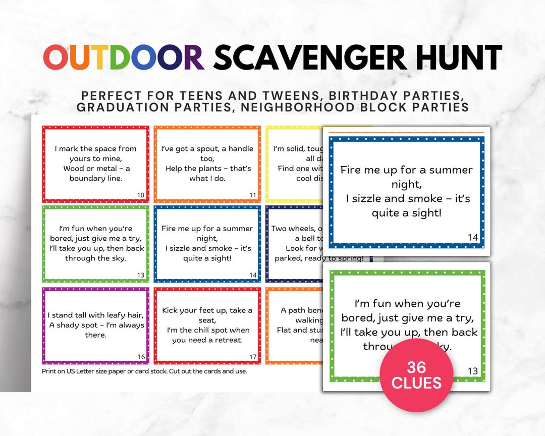 Outdoor Scavenger Hunt Clues for Kids, Printable Scavenger Hunt for ...