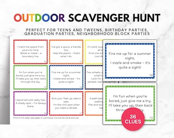Outdoor Scavenger Hunt Clues for Kids, Printable Scavenger Hunt for Tweens and Teens, Birthday Treasure Hunt, Backyard Party Scavenger Hunt