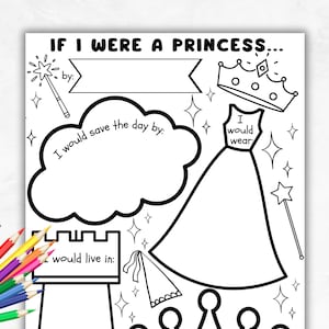 May include: A printable colouring page featuring a princess theme. The page includes a crown, a dress, a castle, a wand, and a cloud with the text "IF I WERE A PRINCESS..." and "I would save the day by:" and "I would live in:"