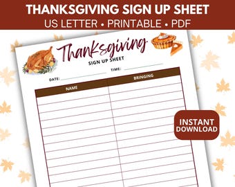 Mall för Thanksgiving-anmälningslista, Vänners Thanksgiving-fest, Utskrivbar familje-Thanksgiving-knytkalas-anmälningslista, Redigerbar matanmälan