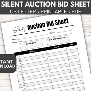 Editable Silent Auction Bid Sheet, Bid template, PTA Fundraiser idea, Bidding sheet, Auction planning, Charity event, Bid form printable PDF