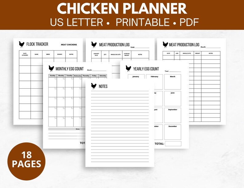 May include: Printable chicken planner with 18 pages, including a flock tracker, meat chicken log, monthly egg count, yearly egg count, and notes pages. The planner is designed for US Letter size paper.