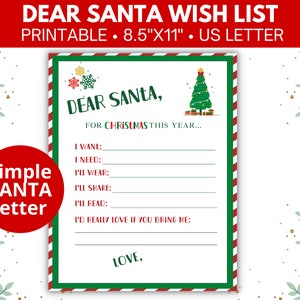 Lieber Santa Brief zum Ausdrucken, Weihnachtsbrief an Weihnachtsmann, Weihnachtswunschliste für Kinder, druckbare PDF-Datei, Instant Download