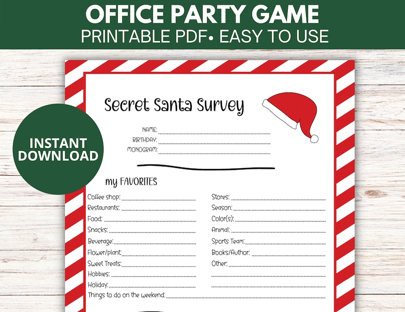 Secret Santa Questionnaire Printable Form for Coworkers Gift Exchange