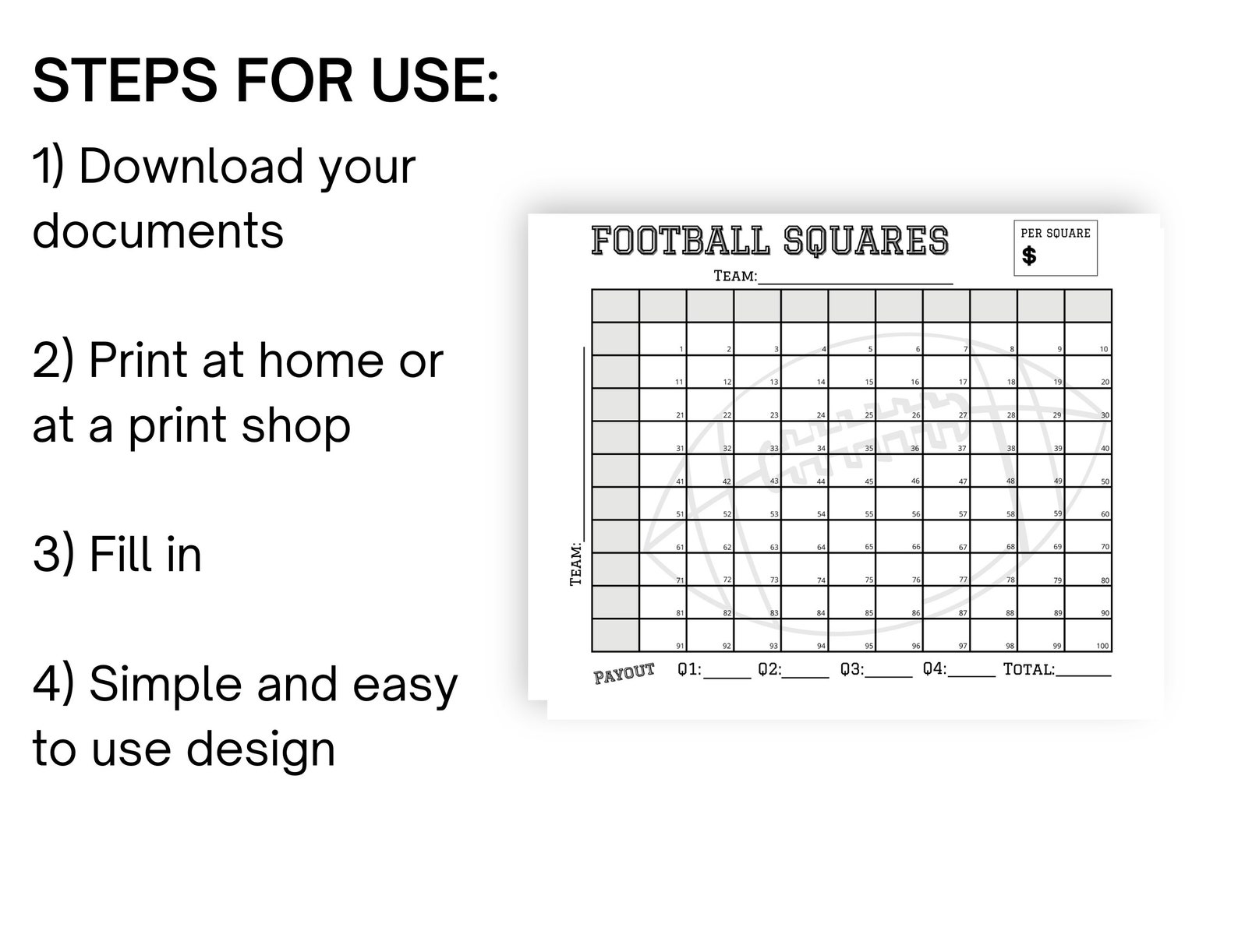 Football Square Raffle Football Squares Printable, Football Fundraiser, Bowl Squares, Football ...