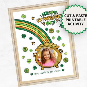 Pot of Gold St Patricks Day Printable, Kids Photo Craft Activity, March Coloring Page, Preschool Art, Elementary St Paddys Cut and Paste
