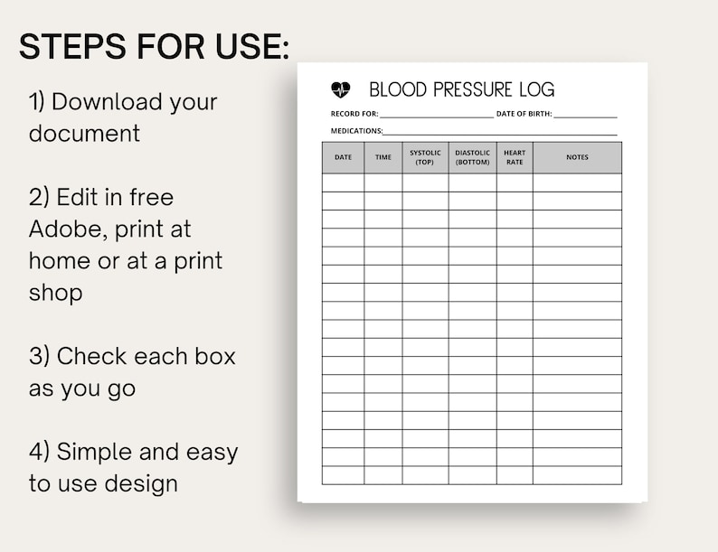 Blood Pressure Log Printable Fillable PDF, Blood Pressure Tracker