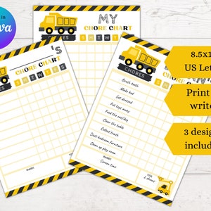 Chore Chart voor Kids Construction Theme, Bewerkbare Dump Truck Star Chart, Afdrukbare Digger Kids Chore Chart, Boy Chore List Template
