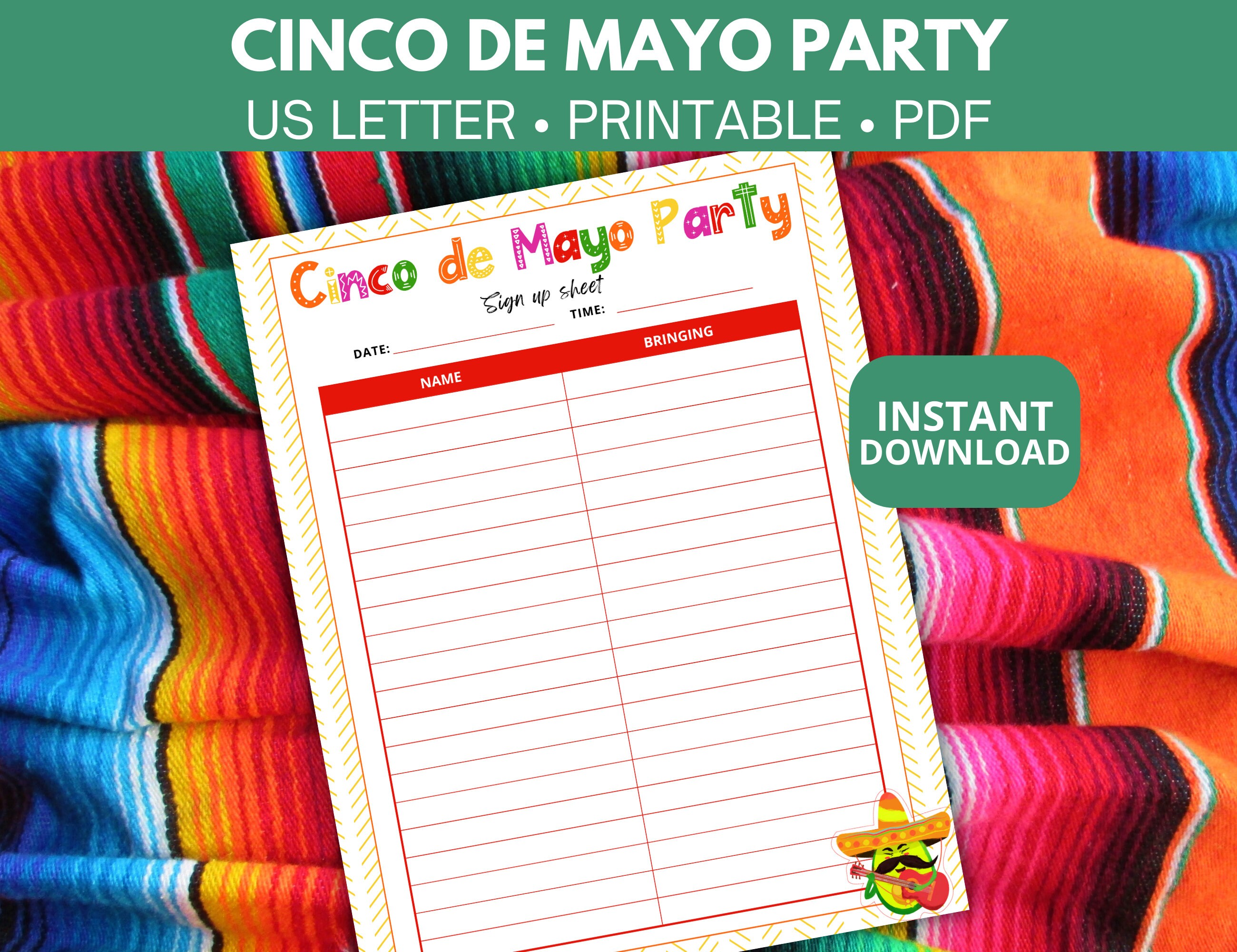 Sign up Sheet Template for Cinco De Mayo Party Mexican Food Potluck